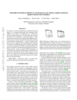 Towards Universal Physical Attacks On Cascaded Camera-Lidar 3D Object
  Detection Models