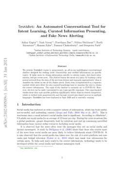 TruthBot: An Automated Conversational Tool for Intent Learning, Curated
  Information Presenting, and Fake News Alerting