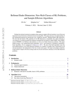 Bellman Eluder Dimension: New Rich Classes of RL Problems, and
  Sample-Efficient Algorithms