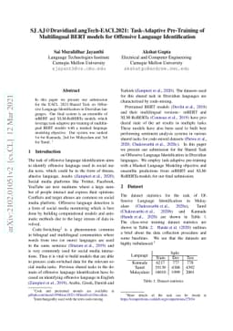 SJ_AJ@DravidianLangTech-EACL2021: Task-Adaptive Pre-Training of
  Multilingual BERT models for Offensive Language Identification