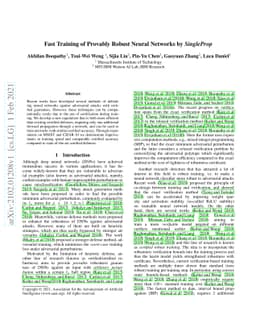 Fast Training of Provably Robust Neural Networks by SingleProp