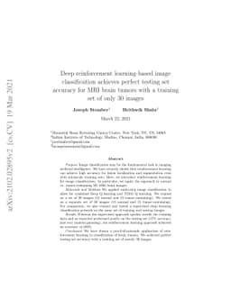 Deep reinforcement learning-based image classification achieves perfect
  testing set accuracy for MRI brain tumors with a training set of only 30
  images