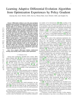 Learning adaptive differential evolution algorithm from optimization
  experiences by policy gradient