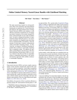 Online Limited Memory Neural-Linear Bandits with Likelihood Matching
