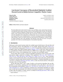 Last-iterate Convergence of Decentralized Optimistic Gradient
  Descent/Ascent in Infinite-horizon Competitive Markov Games