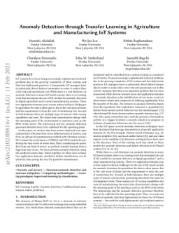 Anomaly Detection through Transfer Learning in Agriculture and
  Manufacturing IoT Systems