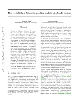 Regret, stability & fairness in matching markets with bandit learners