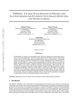 VIPPrint: A Large Scale Dataset of Printed and Scanned Images for
  Synthetic Face Images Detection and Source Linking