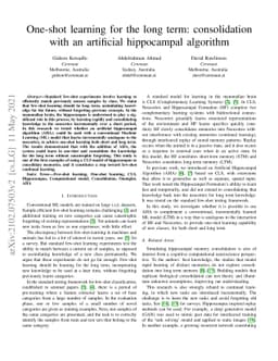 One-shot learning for the long term: consolidation with an artificial
  hippocampal algorithm