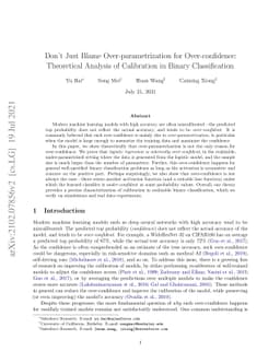 Don't Just Blame Over-parametrization for Over-confidence: Theoretical
  Analysis of Calibration in Binary Classification