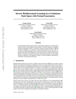 Inverse Reinforcement Learning in a Continuous State Space with Formal
  Guarantees