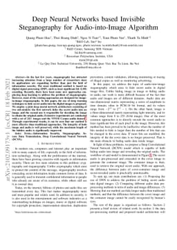 Deep Neural Networks based Invisible Steganography for Audio-into-Image
  Algorithm