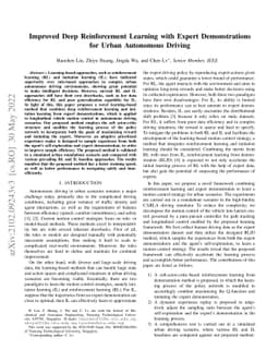 Improved Deep Reinforcement Learning with Expert Demonstrations for
  Urban Autonomous Driving