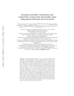 Learning atrial fiber orientations and conductivity tensors from
  intracardiac maps using physics-informed neural networks