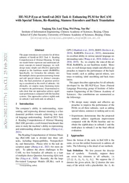 IIE-NLP-Eyas at SemEval-2021 Task 4: Enhancing PLM for ReCAM with
  Special Tokens, Re-Ranking, Siamese Encoders and Back Translation