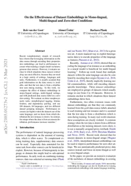 On the Effectiveness of Dataset Embeddings in Mono-lingual,Multi-lingual
  and Zero-shot Conditions