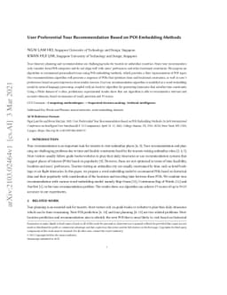 User Preferential Tour Recommendation Based on POI-Embedding Methods