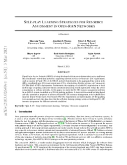 Self-play Learning Strategies for Resource Assignment in Open-RAN
  Networks