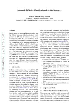 Automatic Difficulty Classification of Arabic Sentences