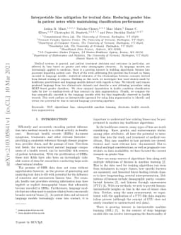 Interpretable bias mitigation for textual data: Reducing gender bias in
  patient notes while maintaining classification performance