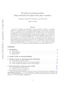 The planted matching problem: Sharp threshold and infinite-order phase
  transition