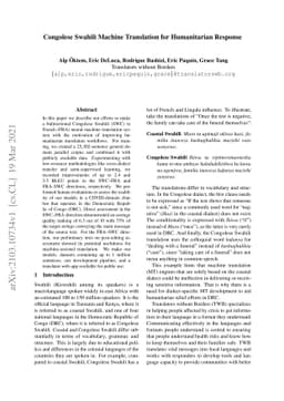 Congolese Swahili Machine Translation for Humanitarian Response