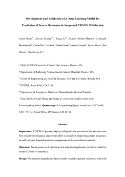 Development and Validation of a Deep Learning Model for Prediction of
  Severe Outcomes in Suspected COVID-19 Infection