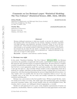 Comments on Leo Breiman's paper 'Statistical Modeling: The Two Cultures'
  (Statistical Science, 2001, 16(3), 199-231)