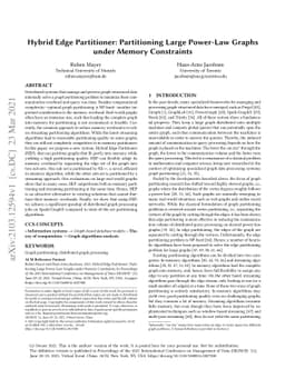 Hybrid Edge Partitioner: Partitioning Large Power-Law Graphs under
  Memory Constraints