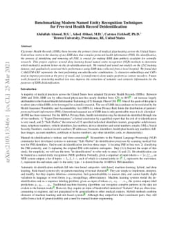 Benchmarking Modern Named Entity Recognition Techniques for Free-text
  Health Record De-identification