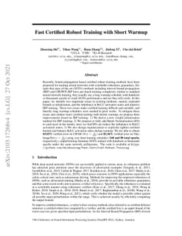 Fast Certified Robust Training with Short Warmup
