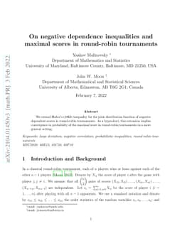 On negative dependence inequalities and maximal scores in round-robin
  tournaments