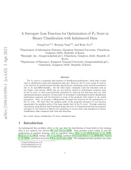 A surrogate loss function for optimization of $F_β$ score in binary
  classification with imbalanced data