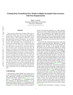 Training Deep Normalizing Flow Models in Highly Incomplete Data
  Scenarios with Prior Regularization