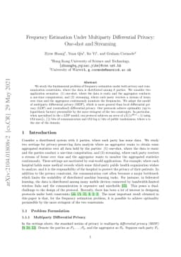 Frequency Estimation Under Multiparty Differential Privacy: One-shot and
  Streaming