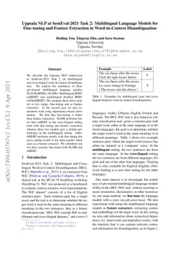 Uppsala NLP at SemEval-2021 Task 2: Multilingual Language Models for
  Fine-tuning and Feature Extraction in Word-in-Context Disambiguation