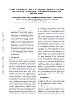 UTNLP at SemEval-2021 Task 5: A Comparative Analysis of Toxic Span
  Detection using Attention-based, Named Entity Recognition, and Ensemble
  Models