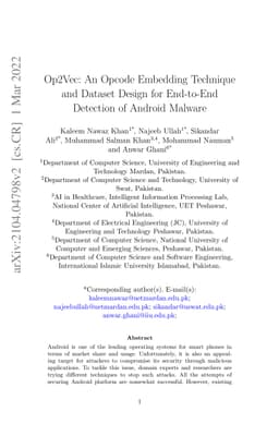 Op2Vec: An Opcode Embedding Technique and Dataset Design for End-to-End
  Detection of Android Malware