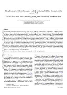 Three Cooperative Robotic Fabrication Methods for the Scaffold-Free
  Construction of a Masonry Arch