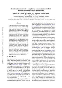 Constructing Contrastive samples via Summarization for Text
  Classification with limited annotations