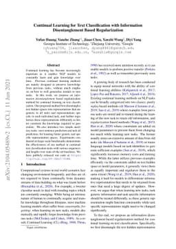 Continual Learning for Text Classification with Information
  Disentanglement Based Regularization