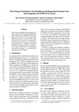 Fine-Tuning Transformers for Identifying Self-Reporting Potential Cases
  and Symptoms of COVID-19 in Tweets