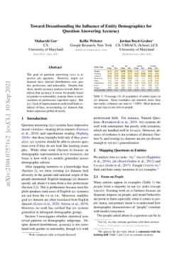 Toward Deconfounding the Influence of Entity Demographics for Question
  Answering Accuracy