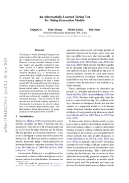 An Adversarially-Learned Turing Test for Dialog Generation Models
