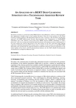 An Analysis of a BERT Deep Learning Strategy on a Technology Assisted
  Review Task