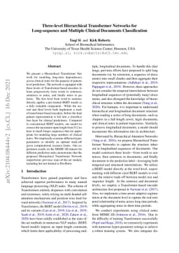 Three-level Hierarchical Transformer Networks for Long-sequence and
  Multiple Clinical Documents Classification