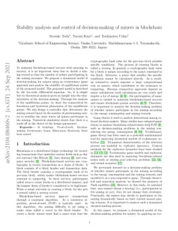 Stability analysis and control of decision-making of miners in
  blockchain