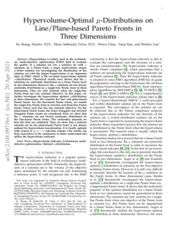 Hypervolume-Optimal $μ$-Distributions on Line/Plane-based Pareto
  Fronts in Three Dimensions