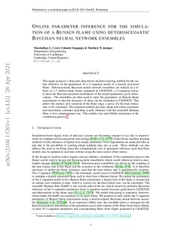 Online parameter inference for the simulation of a Bunsen flame using
  heteroscedastic Bayesian neural network ensembles