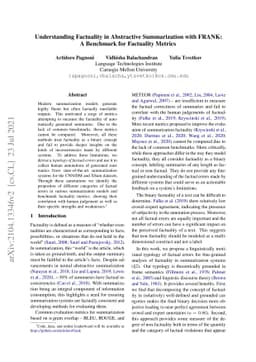 Understanding Factuality in Abstractive Summarization with FRANK: A
  Benchmark for Factuality Metrics